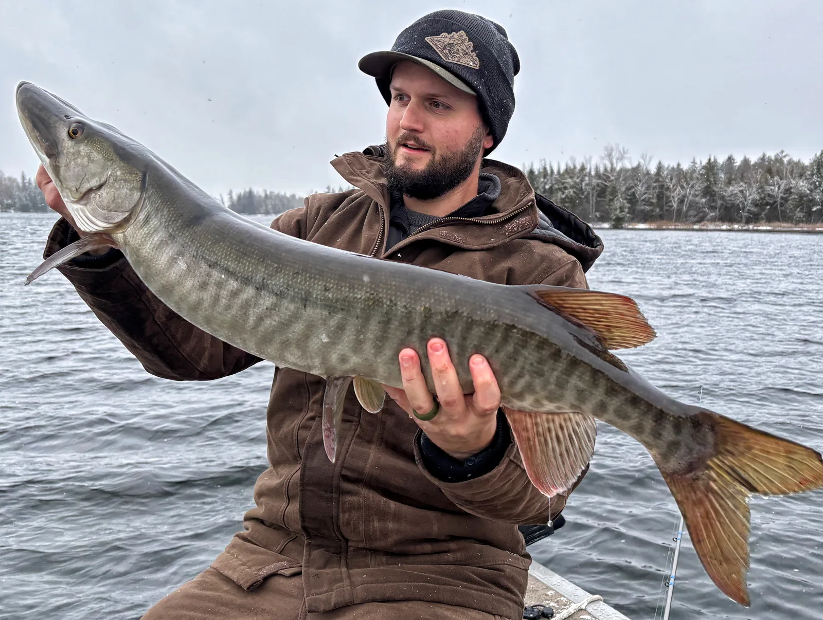 Jesse from Fishing Loons holding a muskie while fishing.